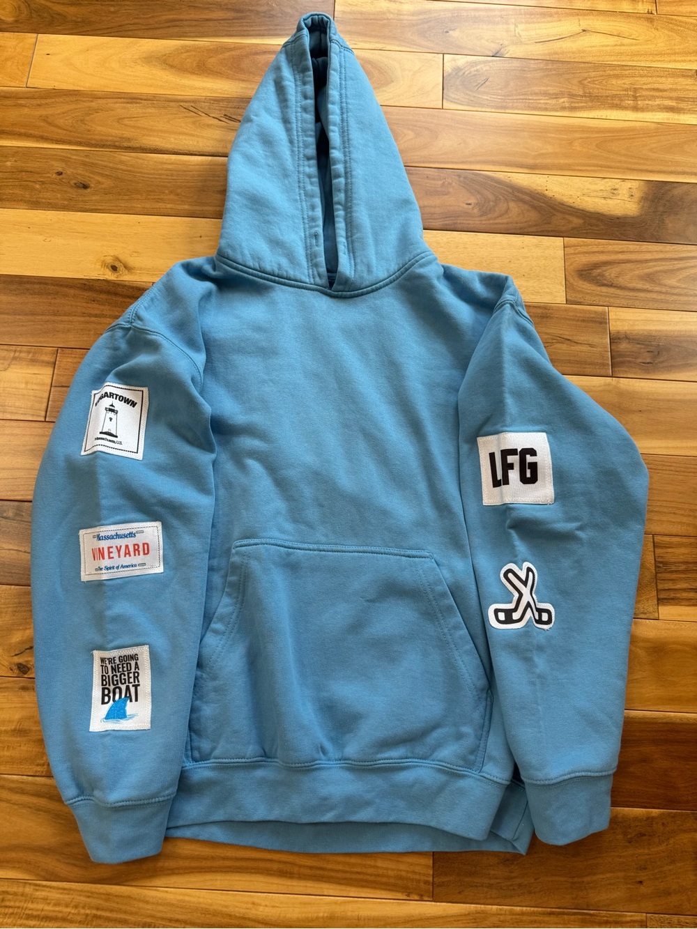 Light Blue Patch-Detail Hoodie - Women's Sweatshirt from Martha’s Vineyard.